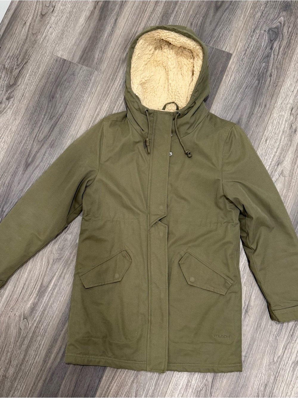 Women’s Volcom Olive Green Hooded Parka Jacket with Sherpa Lining